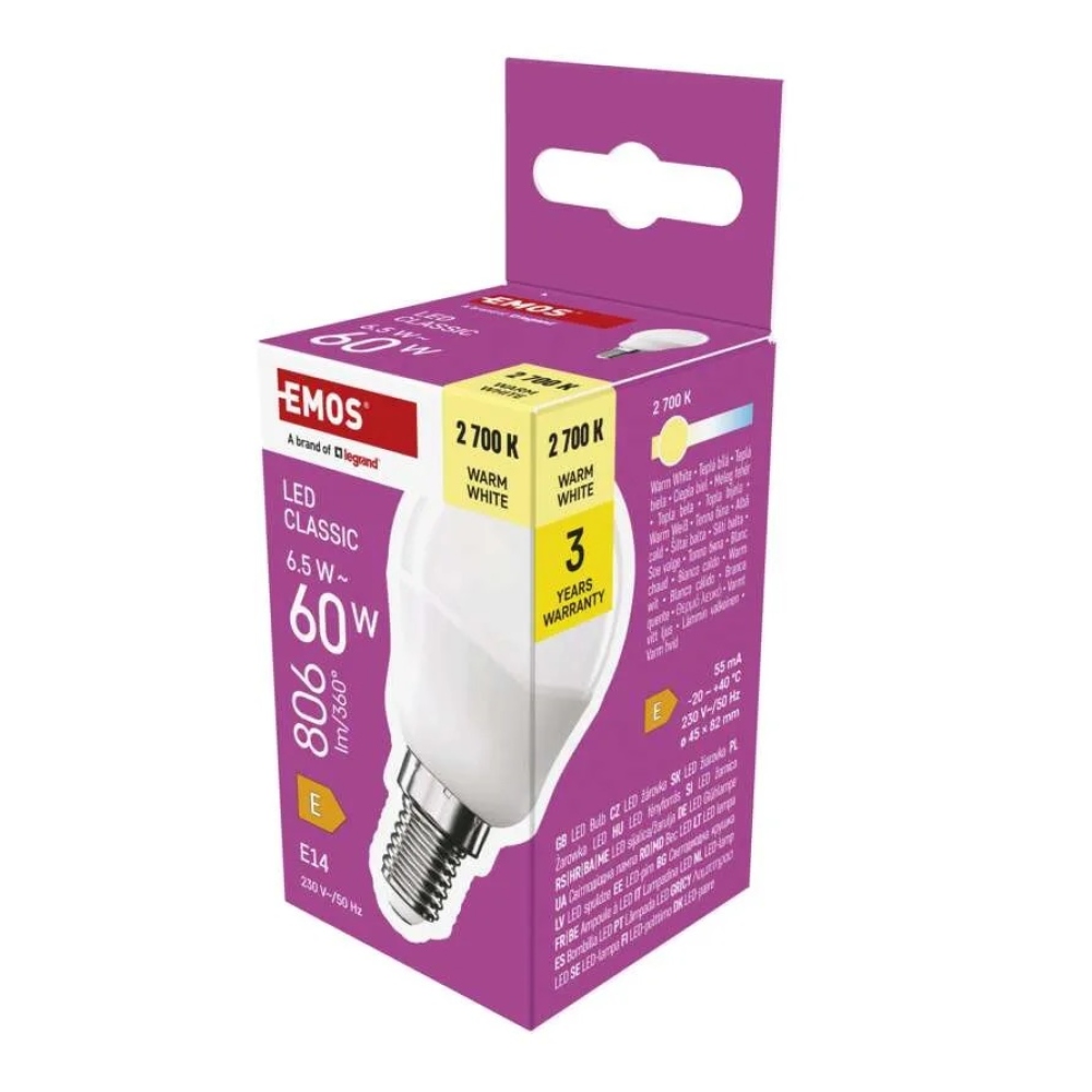 LED žárovka Classic Mini Globe / E14 / 6,5 W (60 W) / 806 lm / teplá bílá