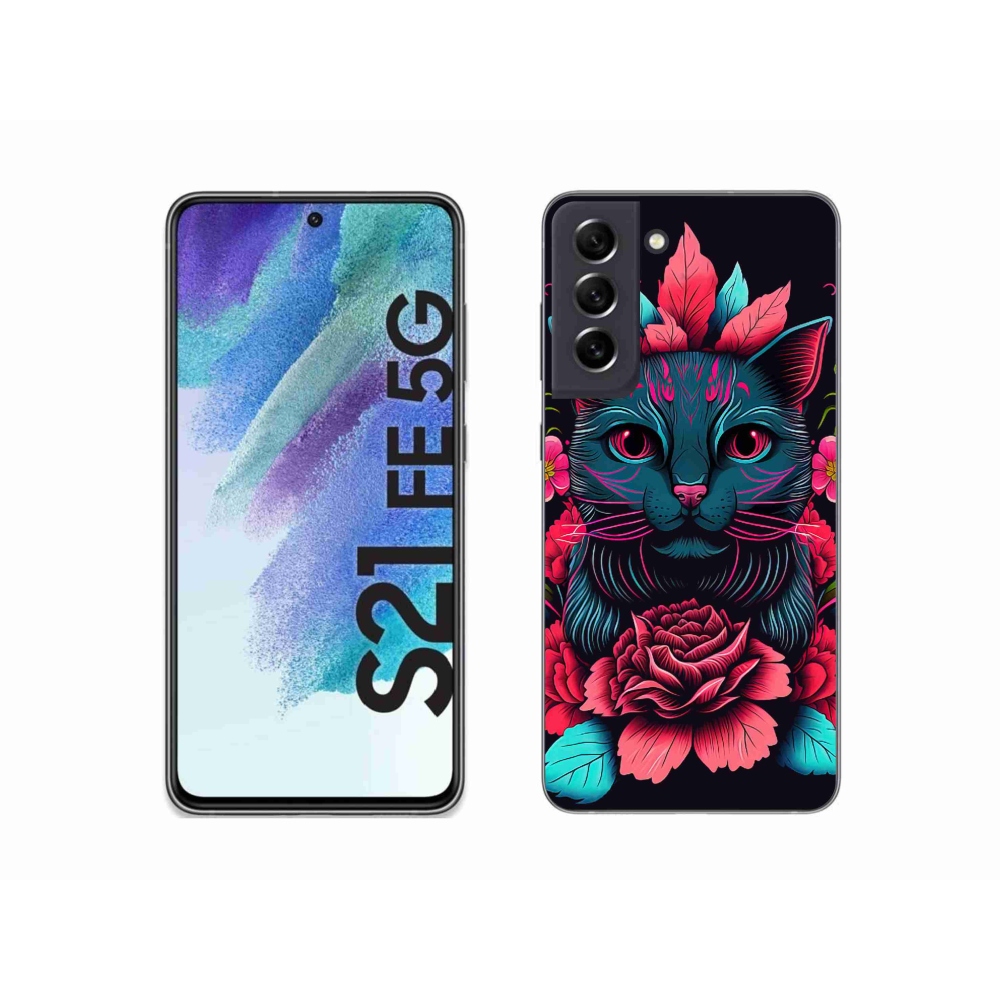 Gelový kryt mmCase na Samsung Galaxy S21 FE 5G - květiny a kočka