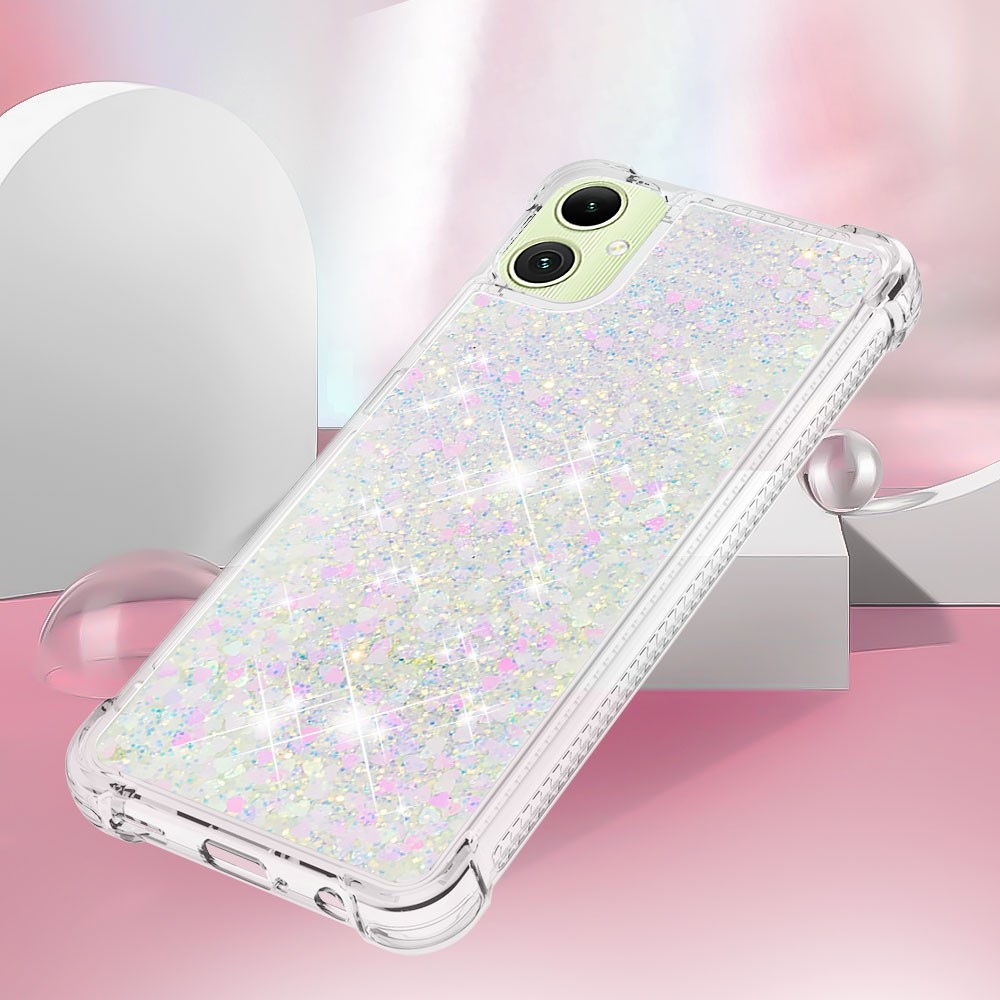 Glitter přesýpací gelový obal na Samsung Galaxy A06 4G - růžovostříbrný/srdíčka