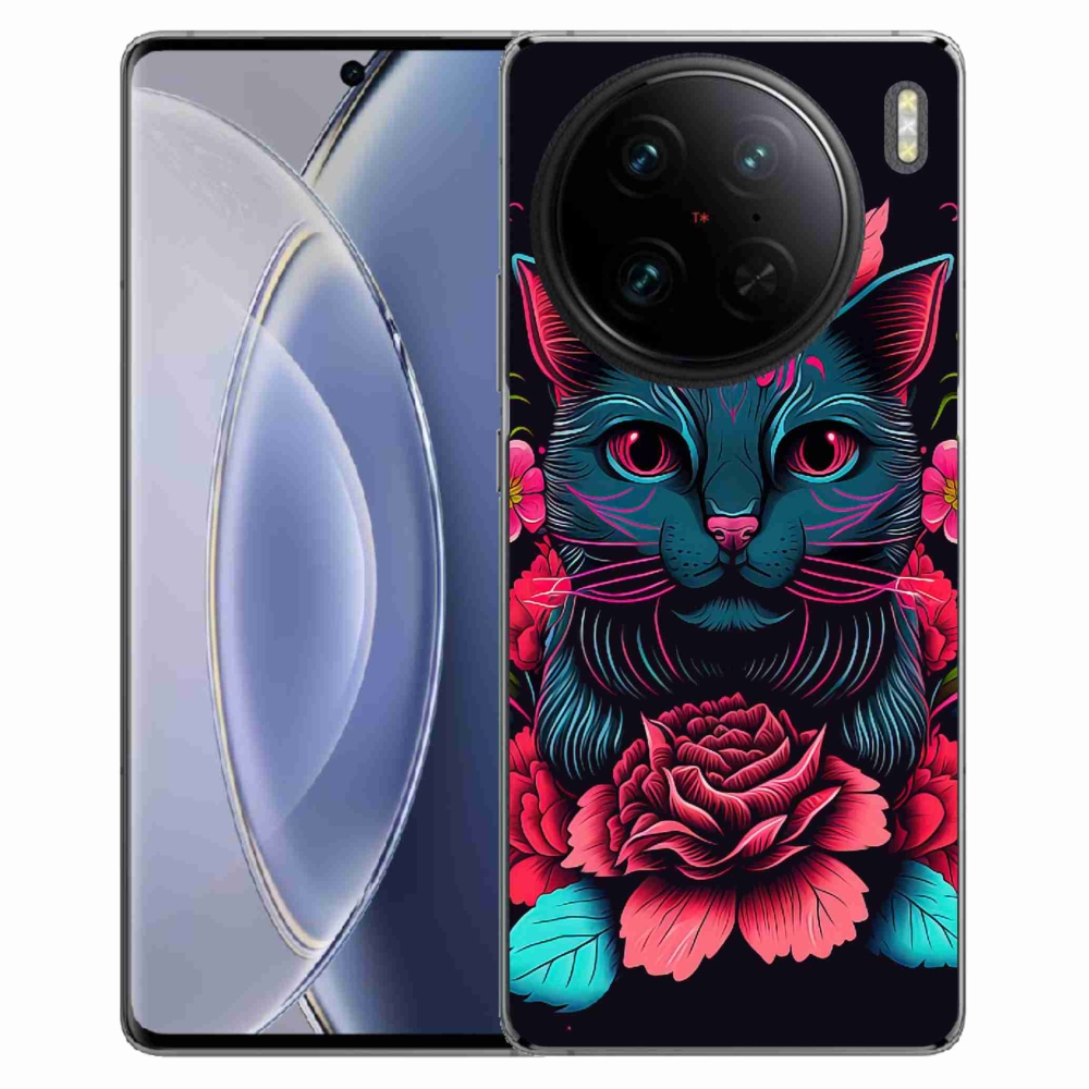 Gelový kryt mmCase na Vivo X90 Pro - květiny a kočka