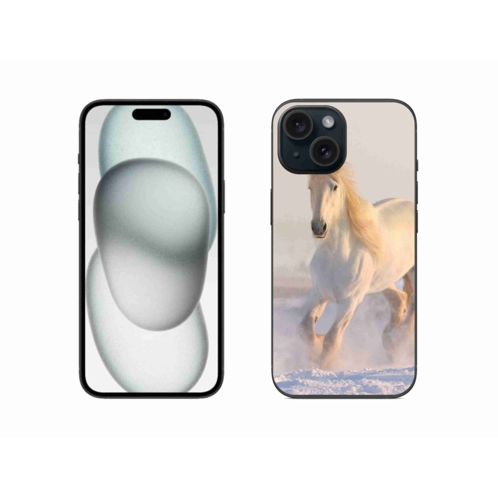 Gelový obal mmCase na iPhone 15 - kůň ve sněhu