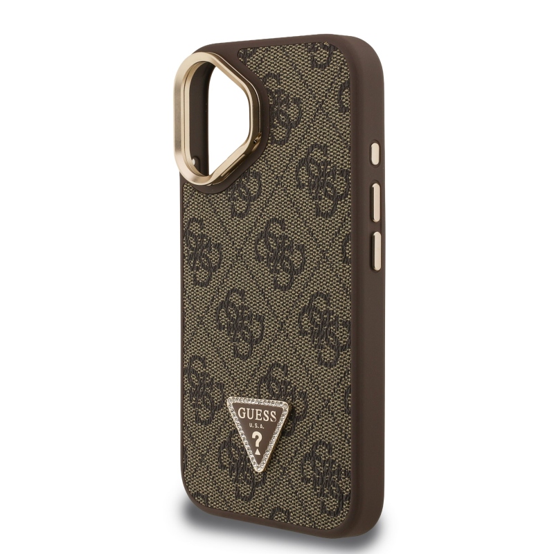 Guess PU 4G Strass Triangle Logo Stand Camera Frame MagSafe Zadní Kryt pro iPhone 16 Brown