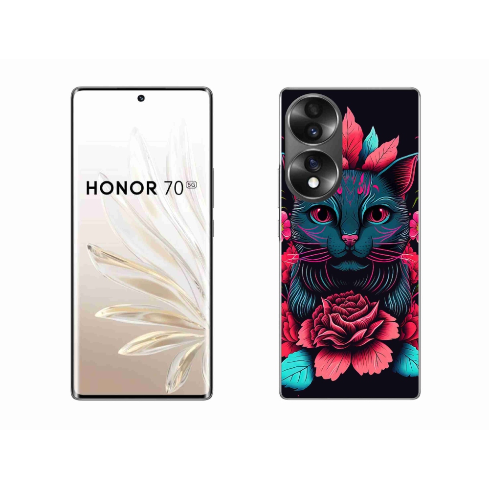 Gelový kryt mmCase na Honor 70 - květiny a kočka