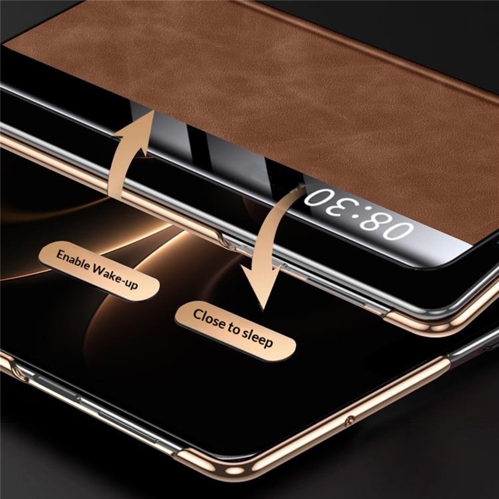 Window plastový kryt s okénkem a s umělou kůží na Huawei Mate X7 - hnědý