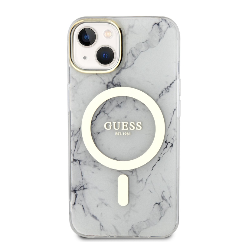 Guess IML Marble MagSafe Zadní Kryt pro iPhone 13 White