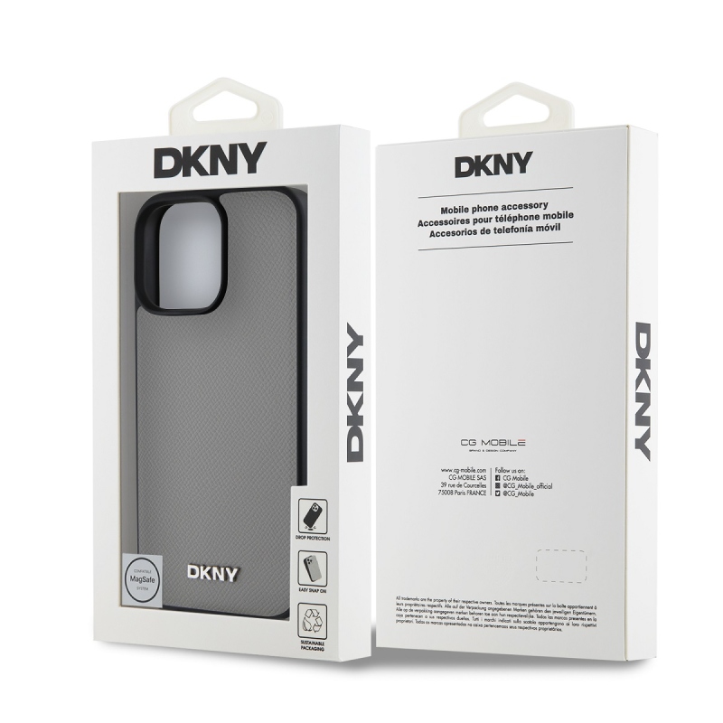 DKNY PU Leather Silver Metal Logo Magsafe Zadní Kryt pro iPhone 16 Pro Max Grey
