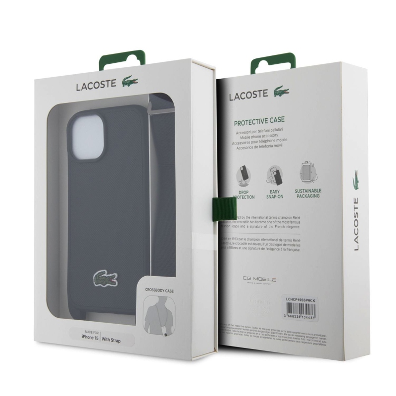 Lacoste Iconic Petit Pique Crossbody Popruh Woven Logo Zadní Kryt pro iPhone 15 Black