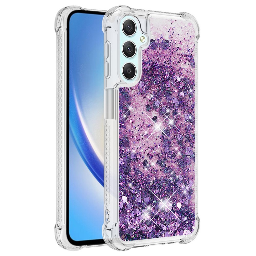 Glitter přesýpací gelový obal na Samsung Galaxy A24 - tmavěfialový/srdíčka	