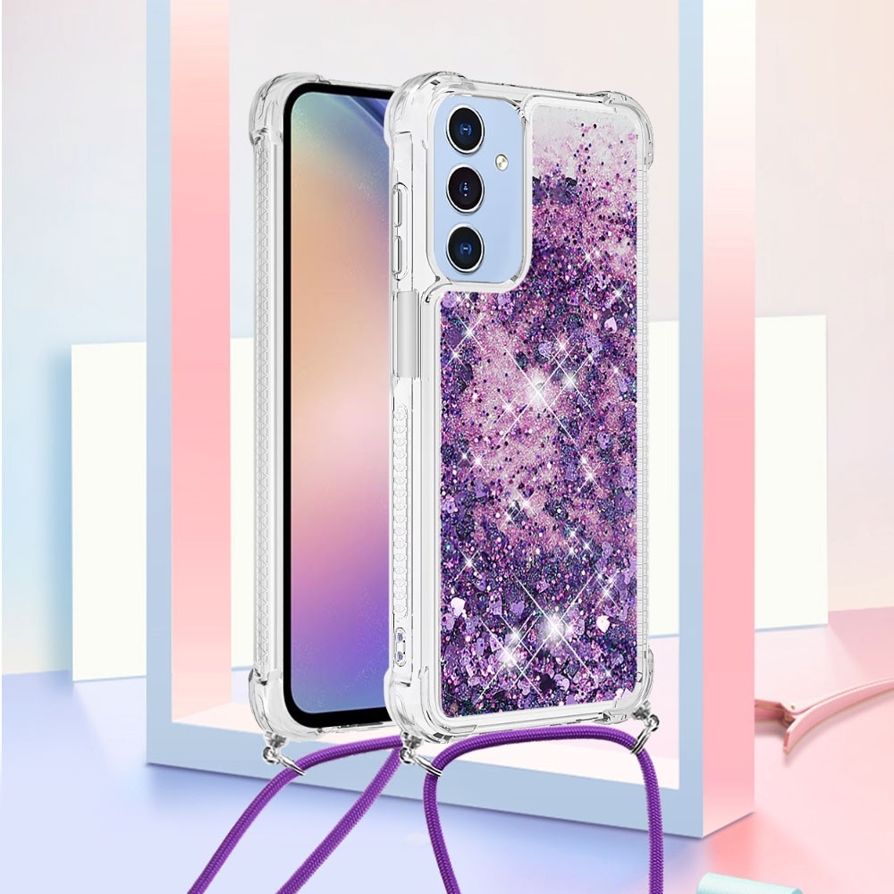 Glitters přesýpací gelový obal se šňůrkou na Samsung Galaxy A26 5G - tmavěfialový/srdíčka