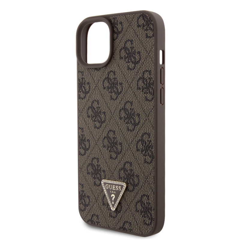 Guess PU 4G Strass Triangle Metal Logo Zadní Kryt + Crossbody Popruh pro iPhone 15 Plus Brown