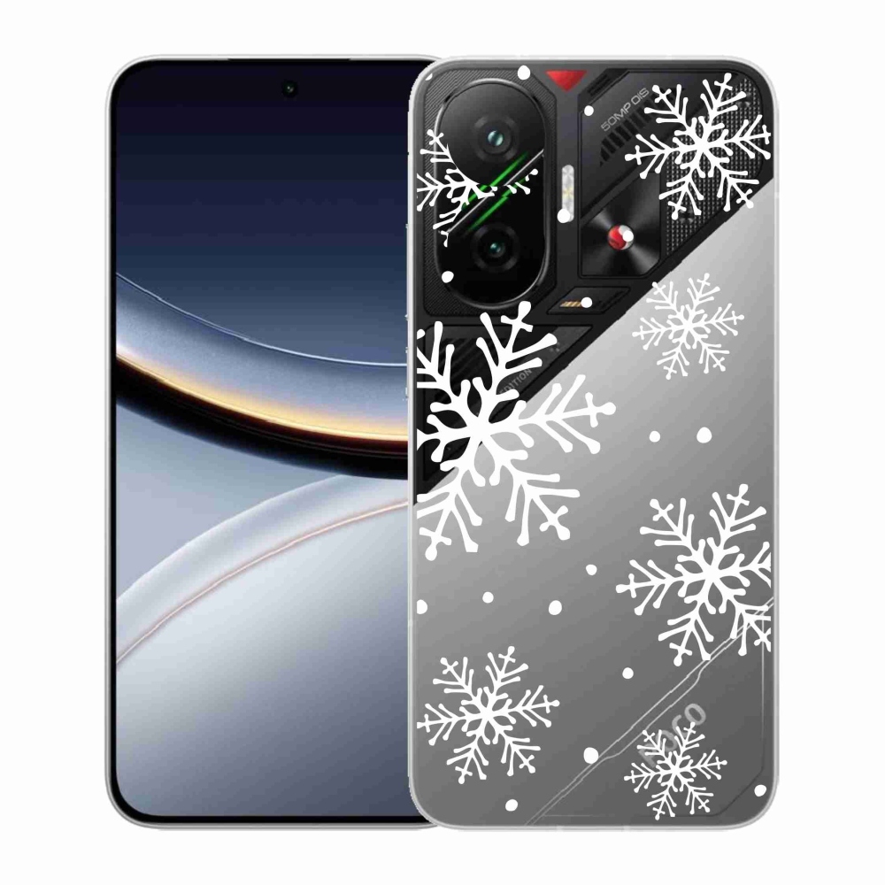 Gelový kryt mmCase na Xiaomi Poco F7 5G - bílé vločky na průhledném pozadí