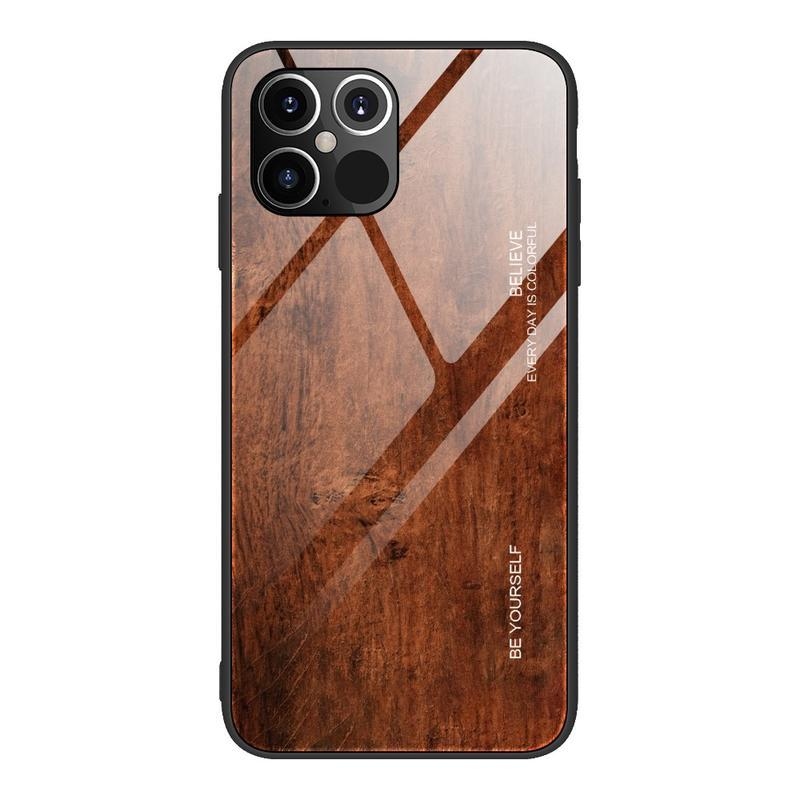 Wood gelový obal s pevnými zády se vzorem dřeva na mobil iPhone 12 Pro/12 - kávový