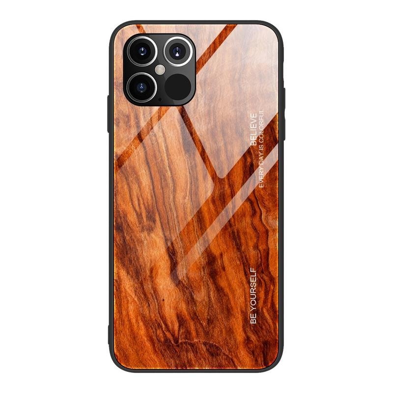 Wood gelový obal s pevnými zády se vzorem dřeva na mobil iPhone 12 Pro/12 - oranžový