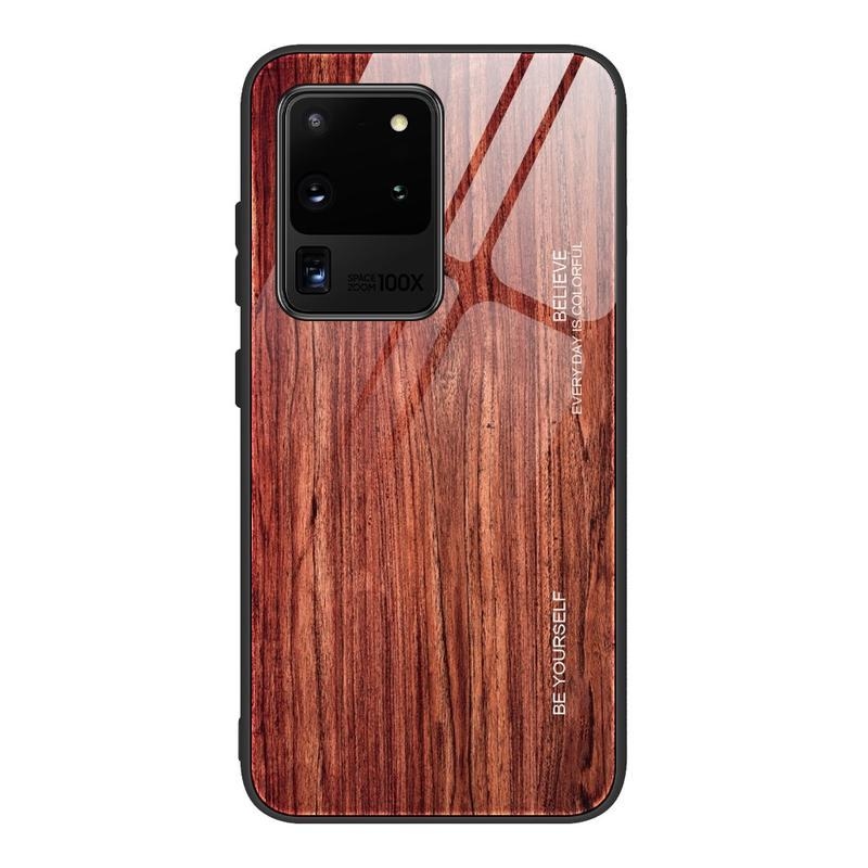 Wooden gelový obal se skleněnými zády na mobil Samsung Galaxy S20 Ultra - vínový