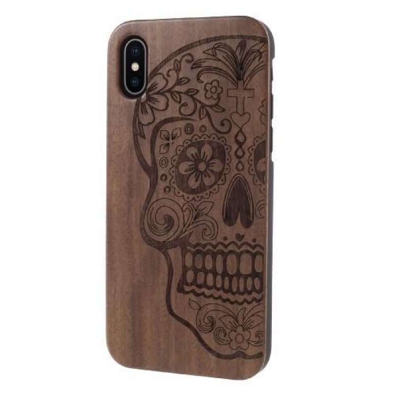 Woody plastový obal s dřevěnými zády a vypáleným motivem na iPhone X - lebka