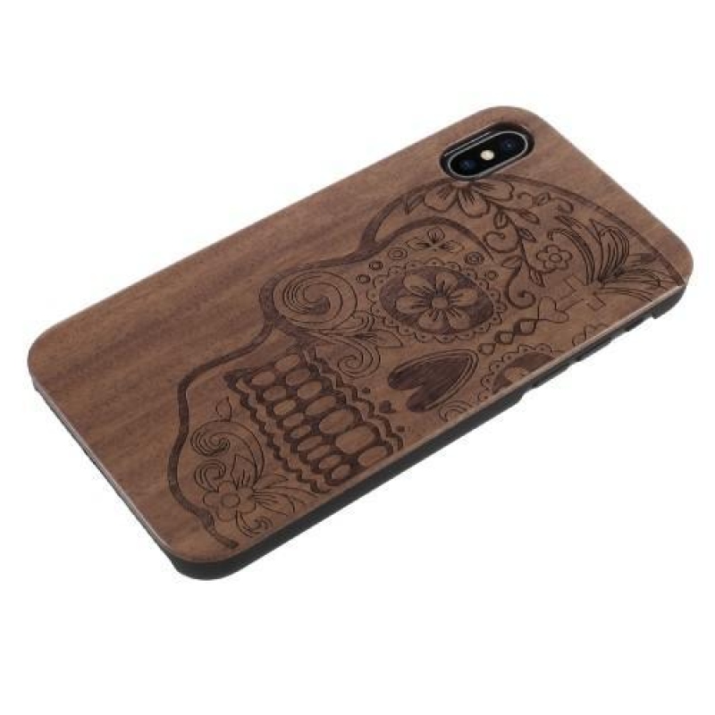 Woody plastový obal s dřevěnými zády a vypáleným motivem na iPhone X - lebka