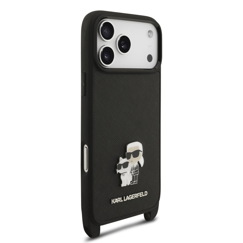 Karl Lagerfeld Saffiano Crossbody Popruh Metal Karl and Choupette Zadní Kryt pro iPhone 17 Pro Max Black