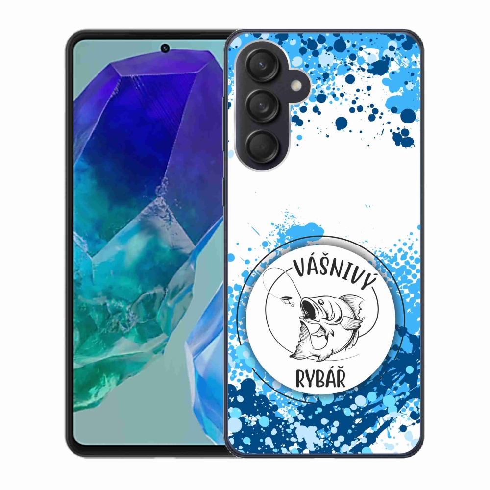Gelový kryt mmCase na Samsung Galaxy M55 5G - vášnivý rybář bílé pozadí