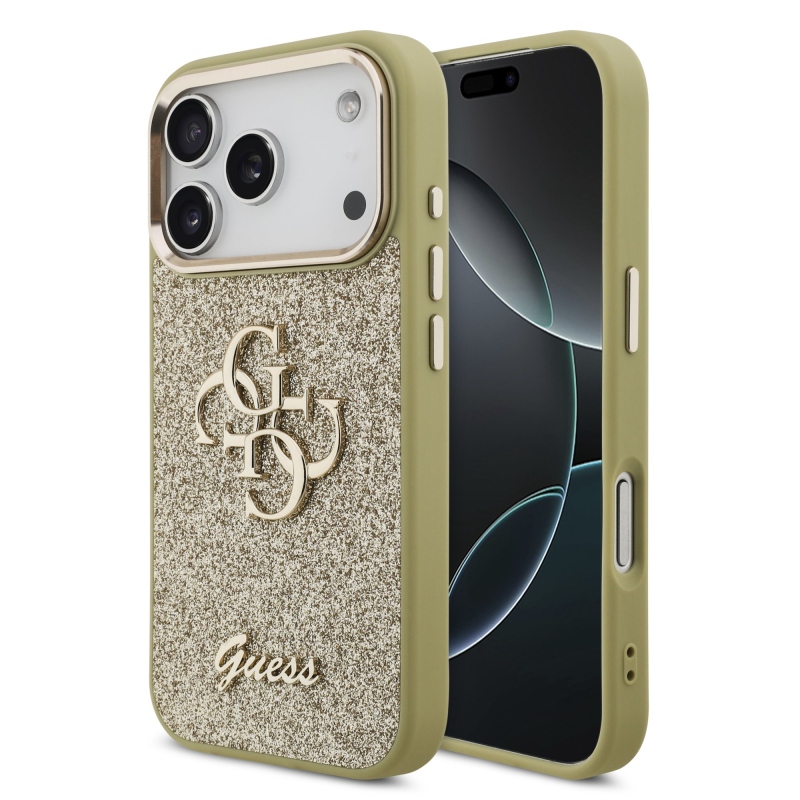 Guess PU Fixed Glitter 4G Metal Frame Zadní Kryt pro iPhone 17 Pro Gold