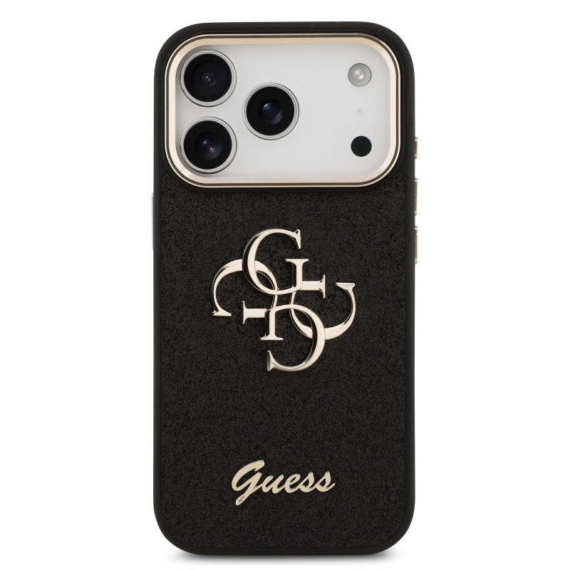 Guess PU Fixed Glitter 4G Metal Frame Zadní Kryt pro iPhone 17 Pro Black