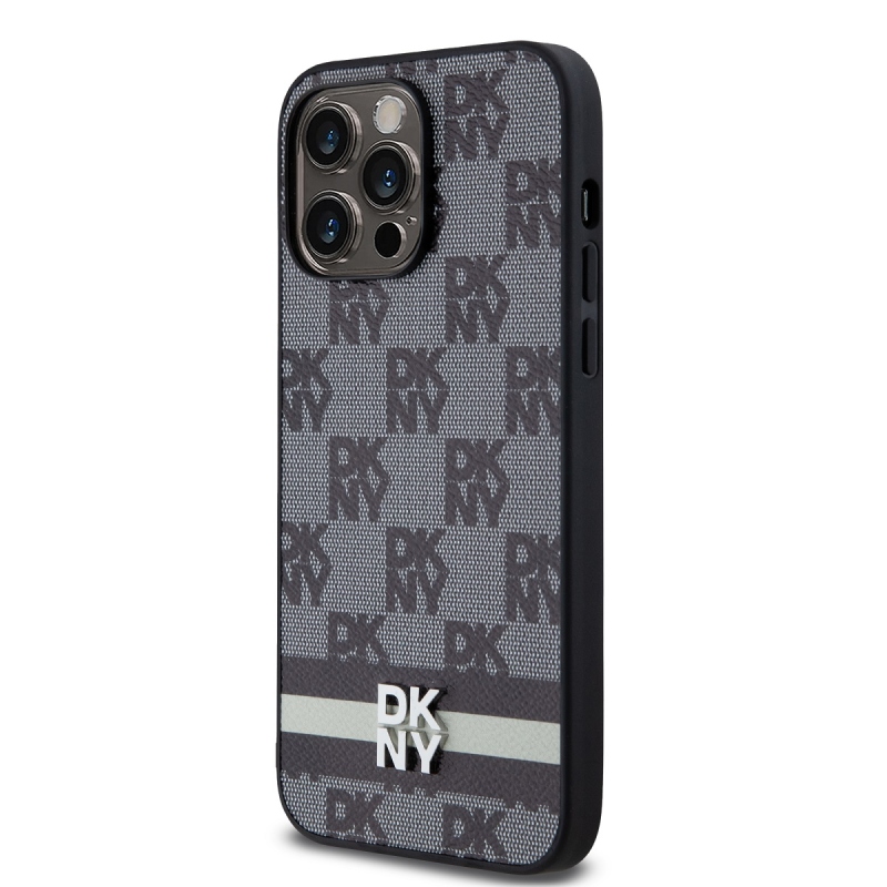 DKNY PU Leather Checkered Pattern and Stripe Zadní Kryt pro iPhone 15 Pro Max Black