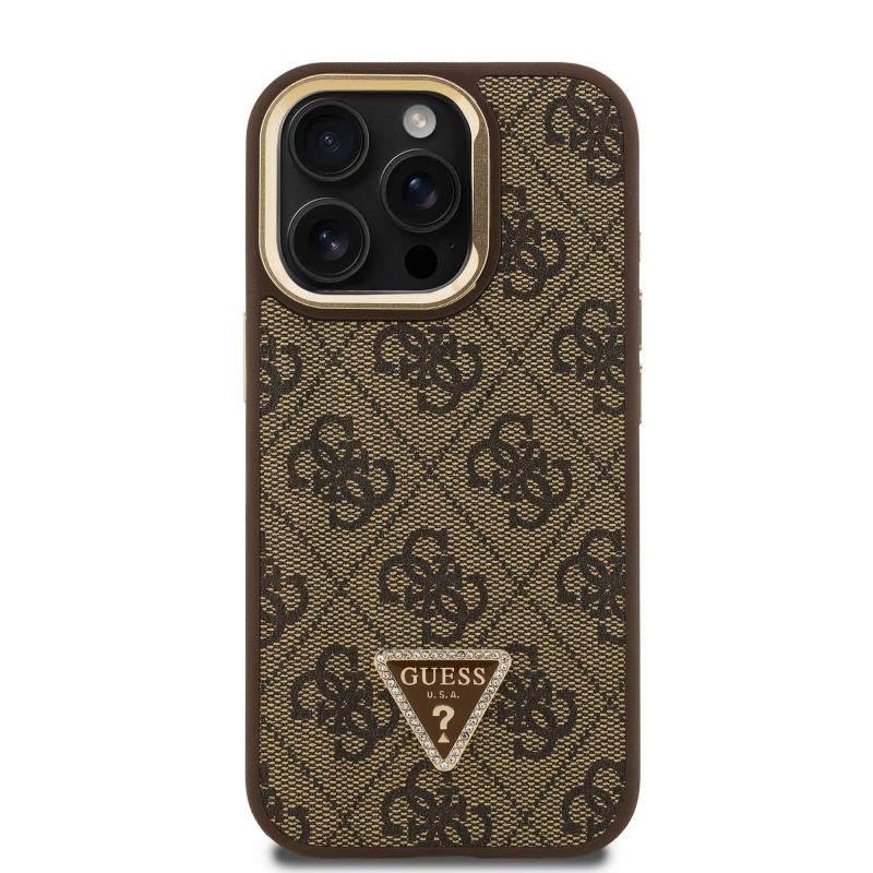 Guess PU 4G Strass Triangle Logo Stand Camera Frame MagSafe Zadní Kryt pro iPhone 15 Pro Brown