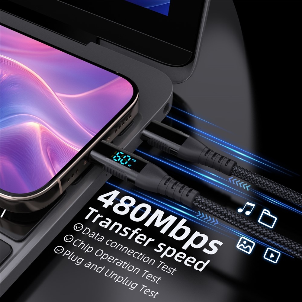 Nylonový kabel USB-C / USB-C s displejem 3m 60W - černý