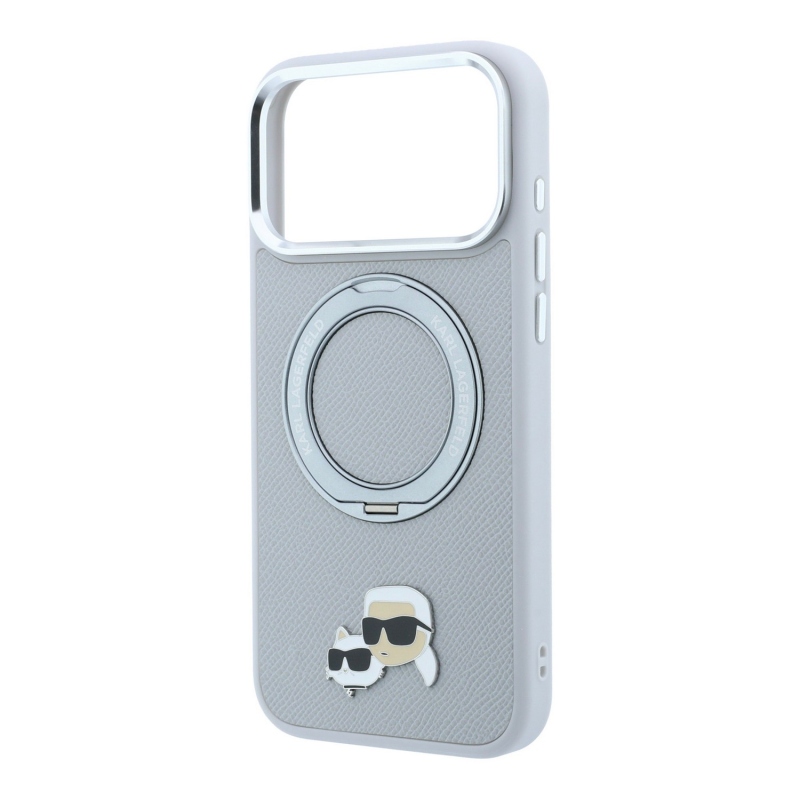 Karl Lagerfeld PU Grained K&CH Heads Ring Stand Magsafe Zadní Kryt pro iPhone 18 Pro Grey