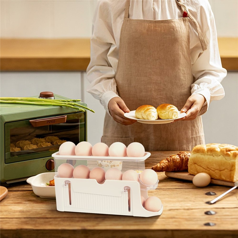 Třípatrový organizér na vejce do lednice s automatickým posuvem – béžový