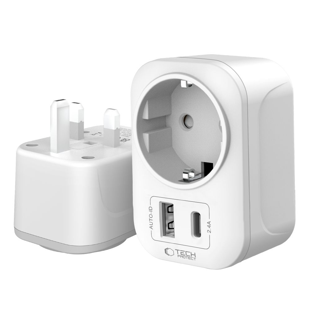 Tech-Protect TA100 cestovní adaptér UK na EU s USB-C a USB-A