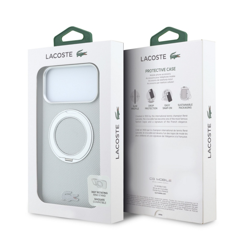 Lacoste PVC Petit Pique Semi Wrap Ring Stand MagSafe Zadní Kryt pro iPhone 18 Pro Max Light Grey