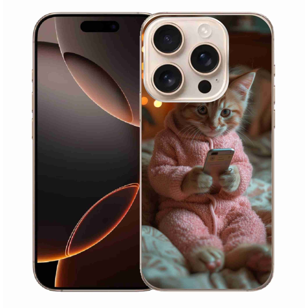 Gelový kryt mmCase na iPhone 16 Pro Max - kotě s mobilem