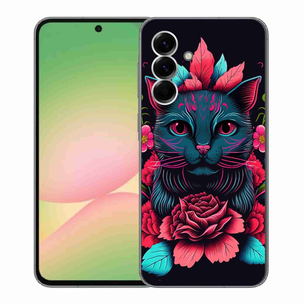 Gelový kryt mmCase na Samsung Galaxy A56 5G - květiny a kočka