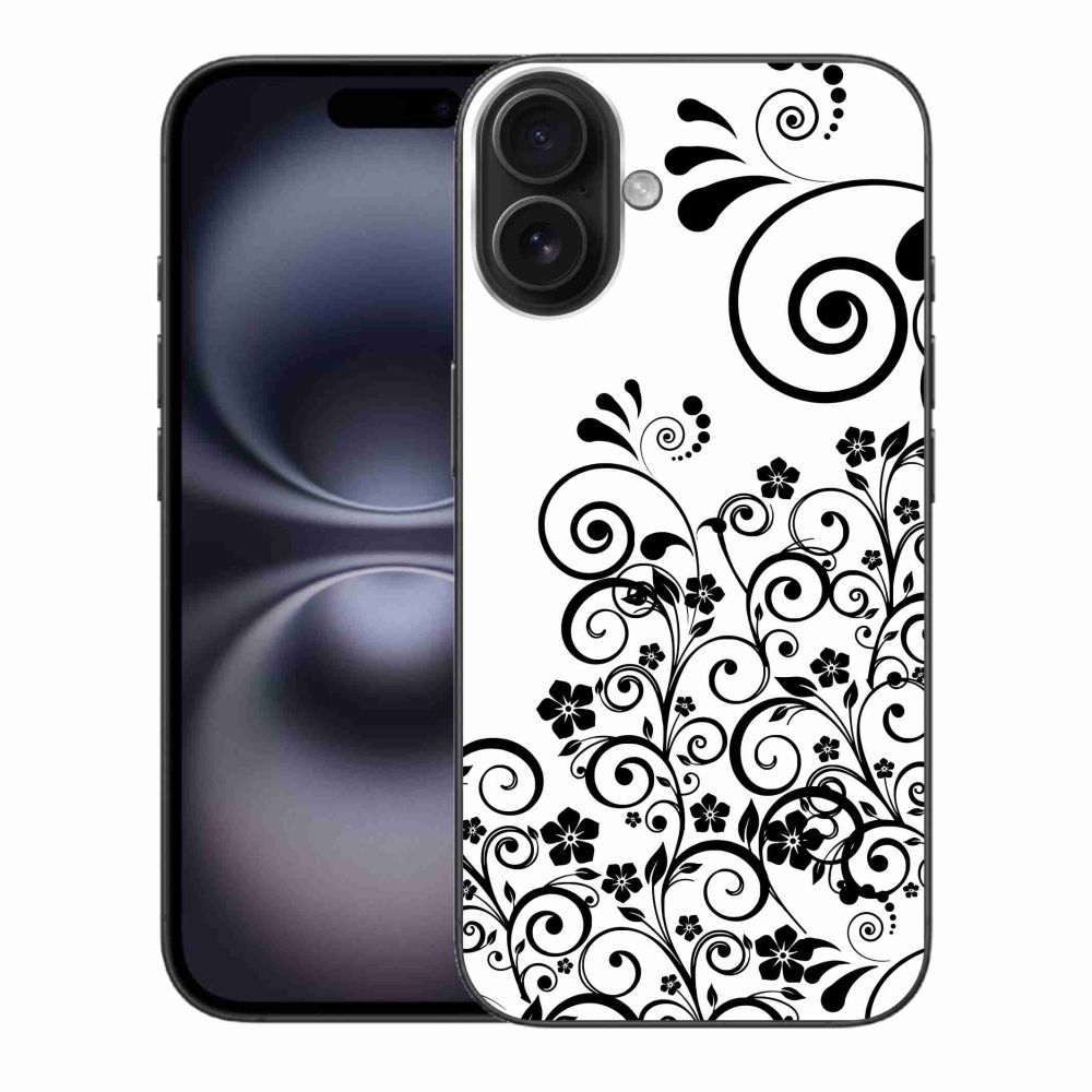Gelový kryt mmCase na iPhone 16 Plus - černobílé květinové vzory