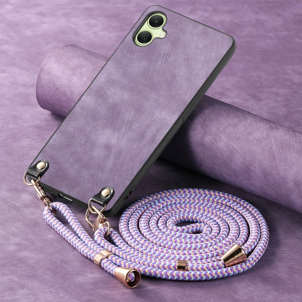 Retro gelový obal se šňůrkou a s umělou kůží na Samsung Galaxy A06 4G - fialový