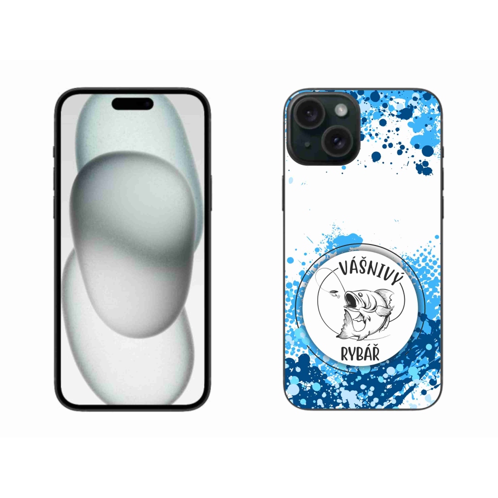 Gelový kryt mmCase na iPhone 15 Plus - vášnivý rybář bílé pozadí