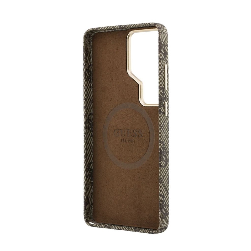 Guess PU 4G Script Metal Logo Magnetic Zadní Kryt pro Samsung Galaxy S26 Ultra Brown