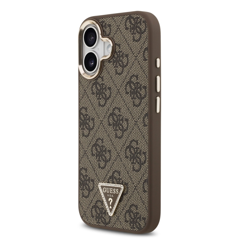 Guess PU Leather 4G Triangle Logo Gold Frame MagSafe Zadní Kryt pro iPhone 17 Brown