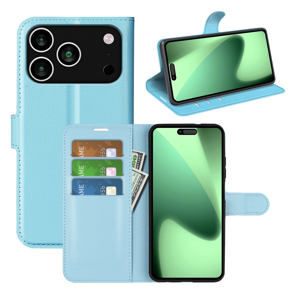 Litchi knížkové pouzdro na iPhone 17 Pro - modrý
