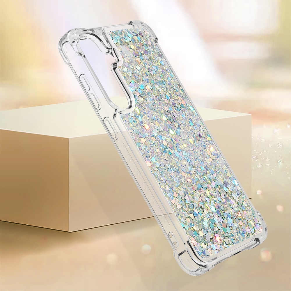 Glitter přesýpací gelový obal na mobil Samsung Galaxy S24+ - stříbrný/srdíčka