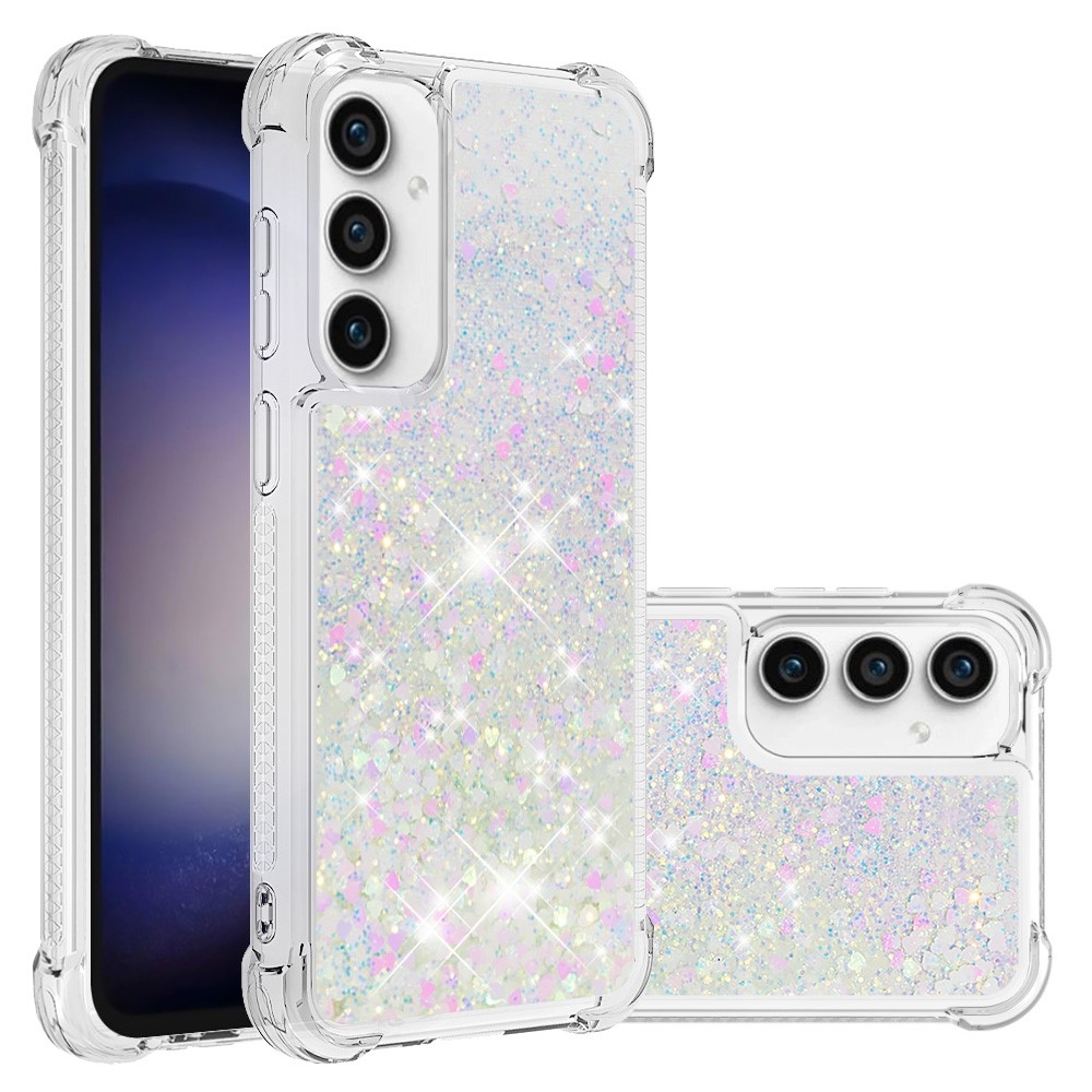 Glitter gelový přesýpací obal na Samsung Galaxy S23 FE - růžovostříbrný/srdíčka