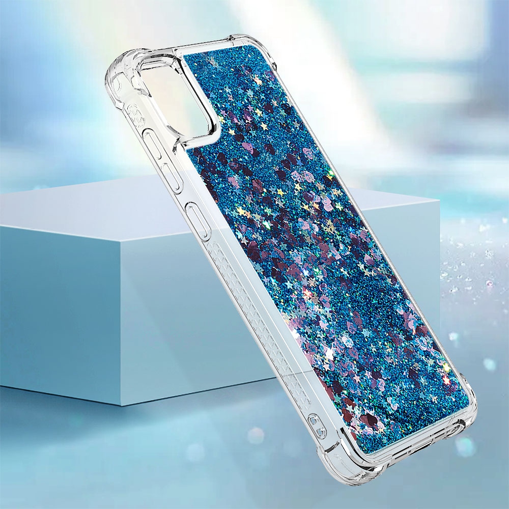 Glitter přesýpací gelový obal na Samsung Galaxy A07 4G - modrý/srdíčka