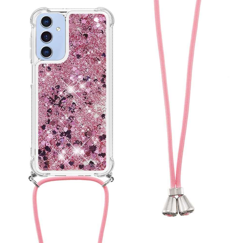 Glitters přesýpací gelový obal se šňůrkou na Samsung Galaxy A26 5G - růžovozlatý/srdíčka