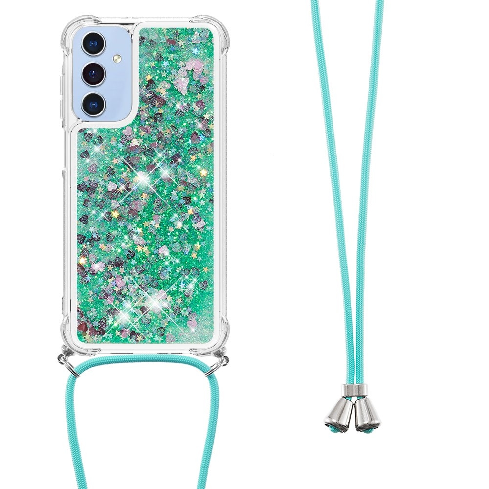 Glitters přesýpací gelový obal se šňůrkou na Samsung Galaxy A26 5G - zelený/srdíčka