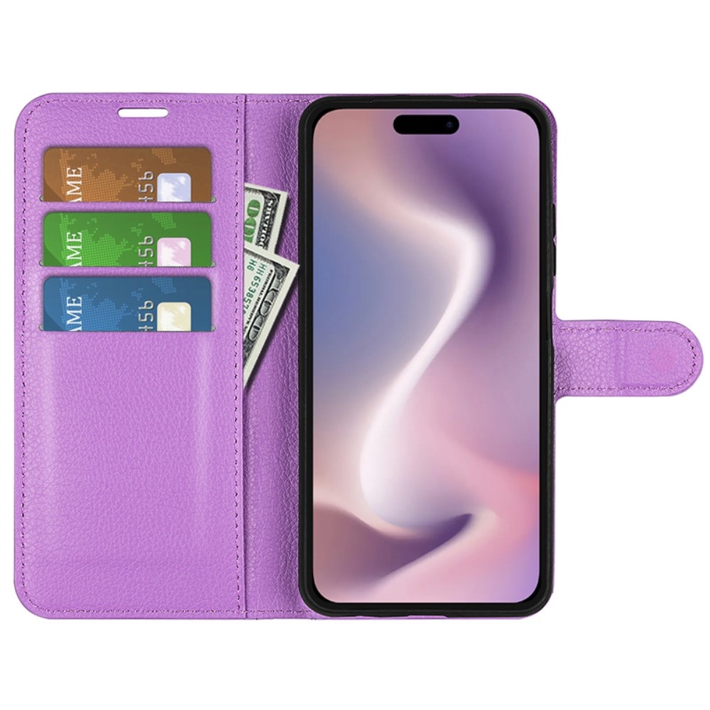Litchi knížkové pouzdro na iPhone 16 Pro - fialové