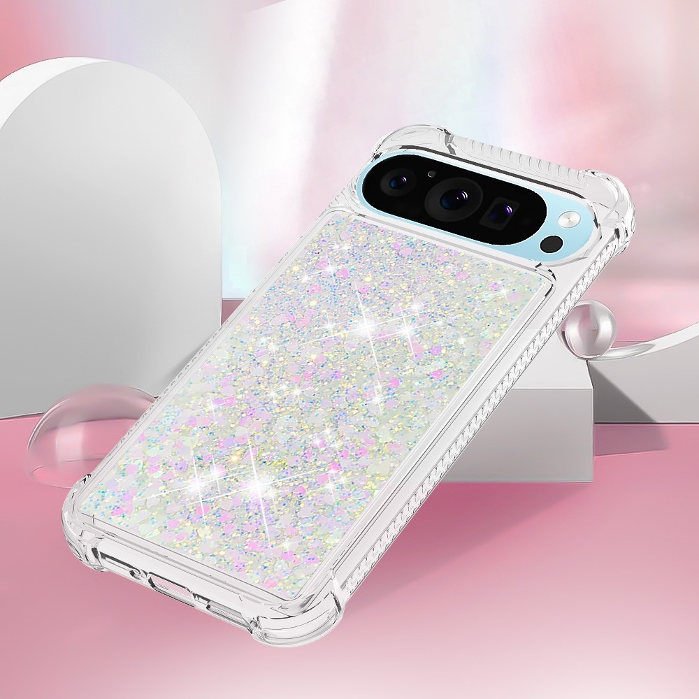 Glitter přesýpací gelový obal na Google Pixel 10 Pro/Pixel 10 - růžovostříbrný/srdíčka