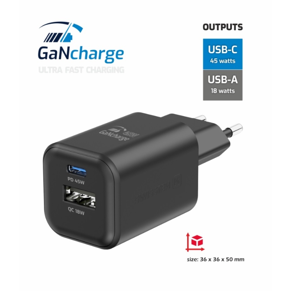 Nabíječka Swissten GaN 1x USB-C 45W PD + 1x USB-A 18W QC - černá