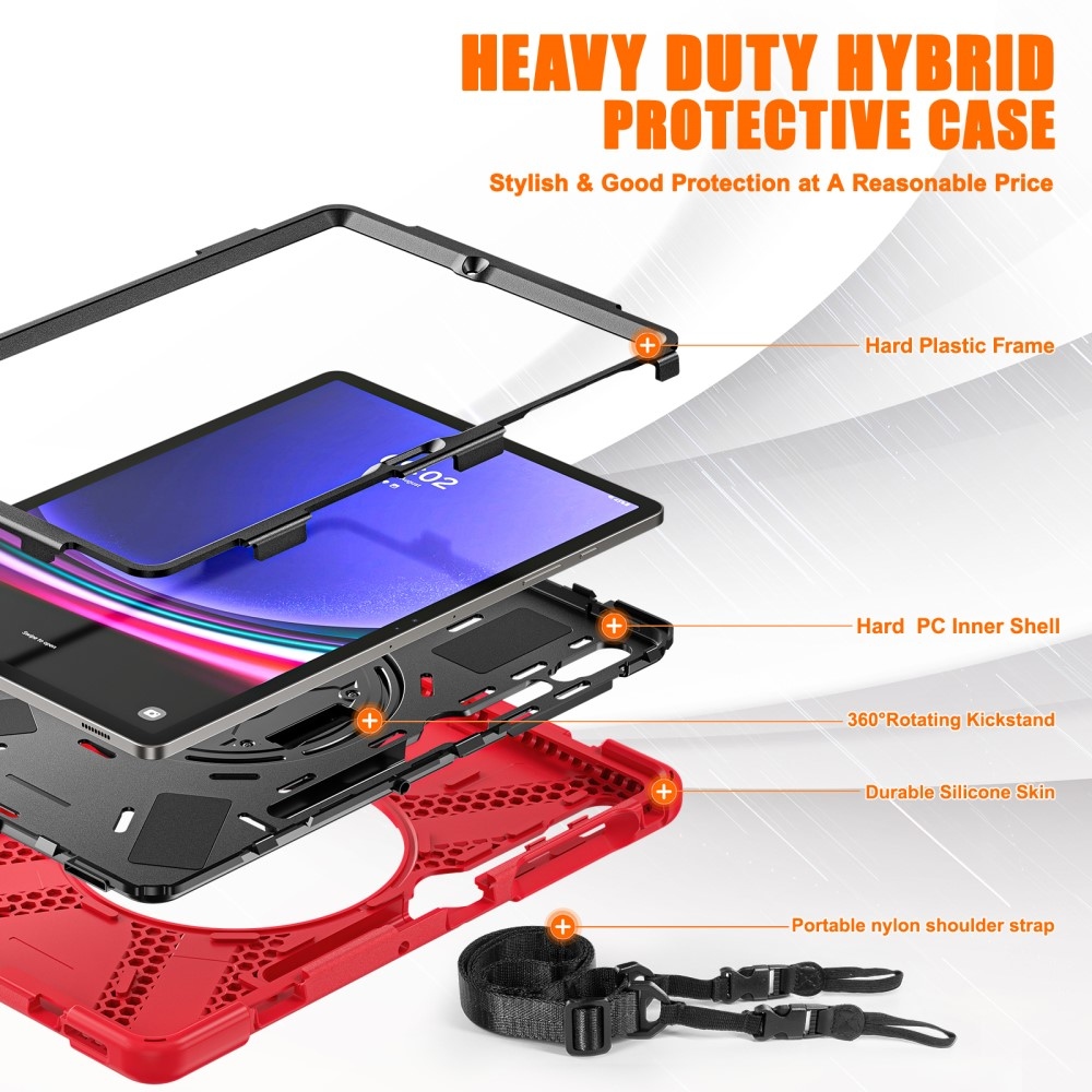 Strap odolný kryt s úchopem na ruku a popruhem na Samsung Galaxy Tab S10+/S9+/S9 FE+/S8+/S7+ - červený