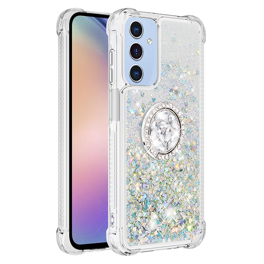 Glitt přesýpací gelový obal s kroužkem na prst na Samsung Galaxy A17 5G - stříbrný/srdíčka