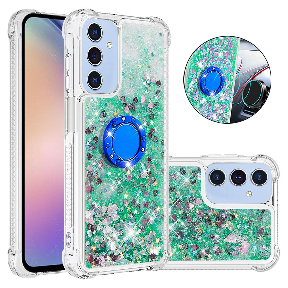 Glitt přesýpací gelový obal s kroužkem na prst na Samsung Galaxy A17 5G - zelený/srdíčka